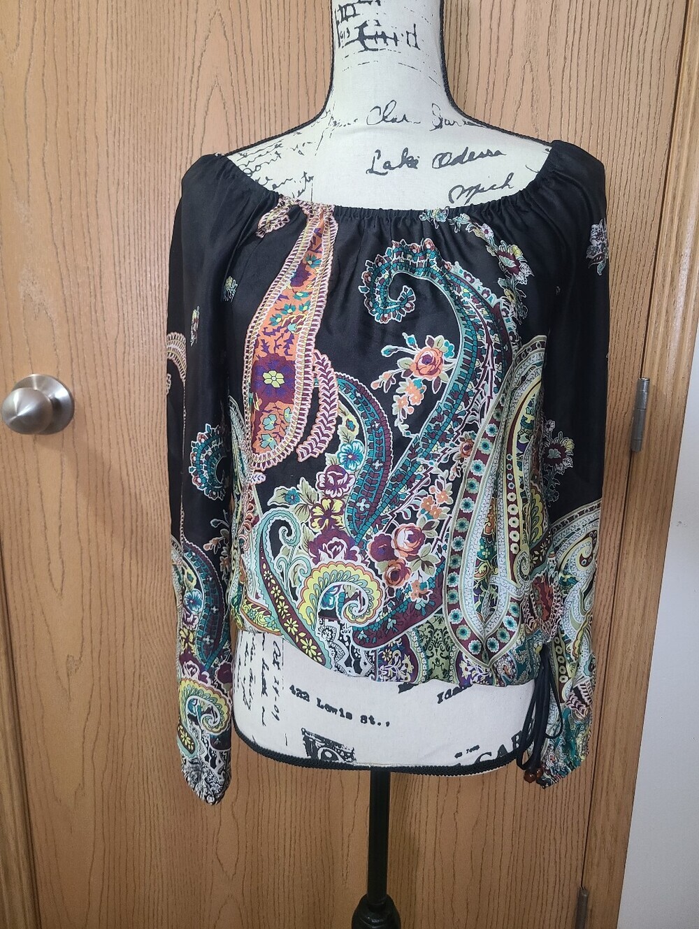 Karen Kane 100% Silk Colorful Boho Paisley Peasant Top